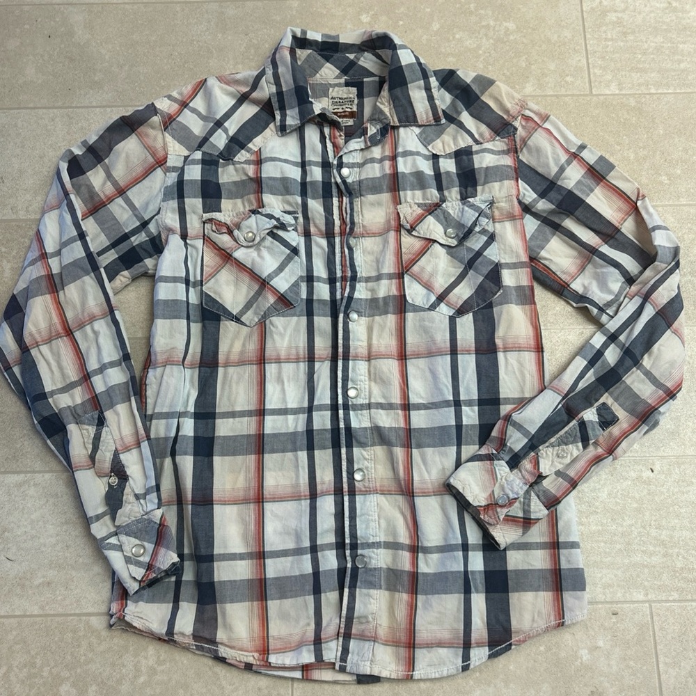 Authentics Signature by Levi Strauss Shirt Mens Small Plaid Western Pearl Snap